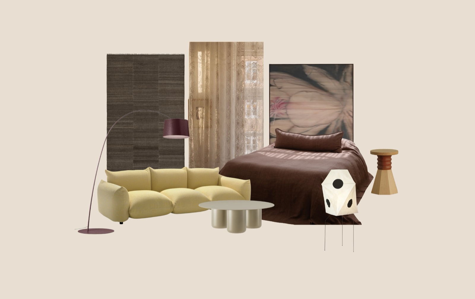 Moodboard collage of sofa, bed, rug, lamp and side table for the bedroom refresh