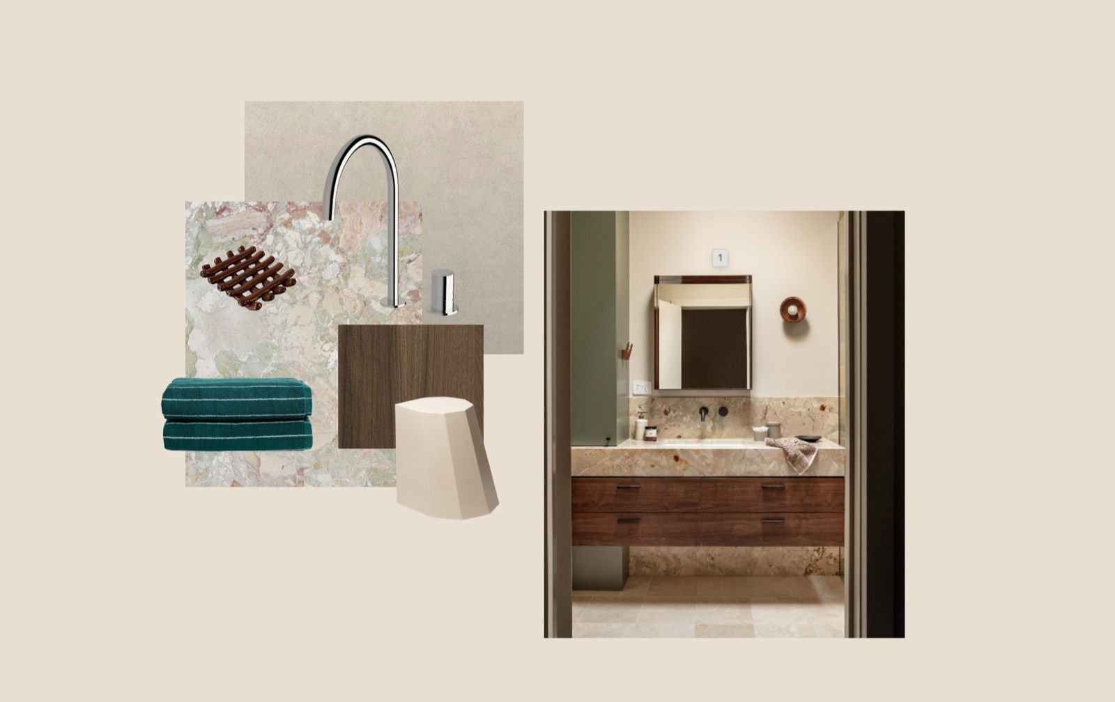 Material palette moodboard alongside a finished bathroom vanity