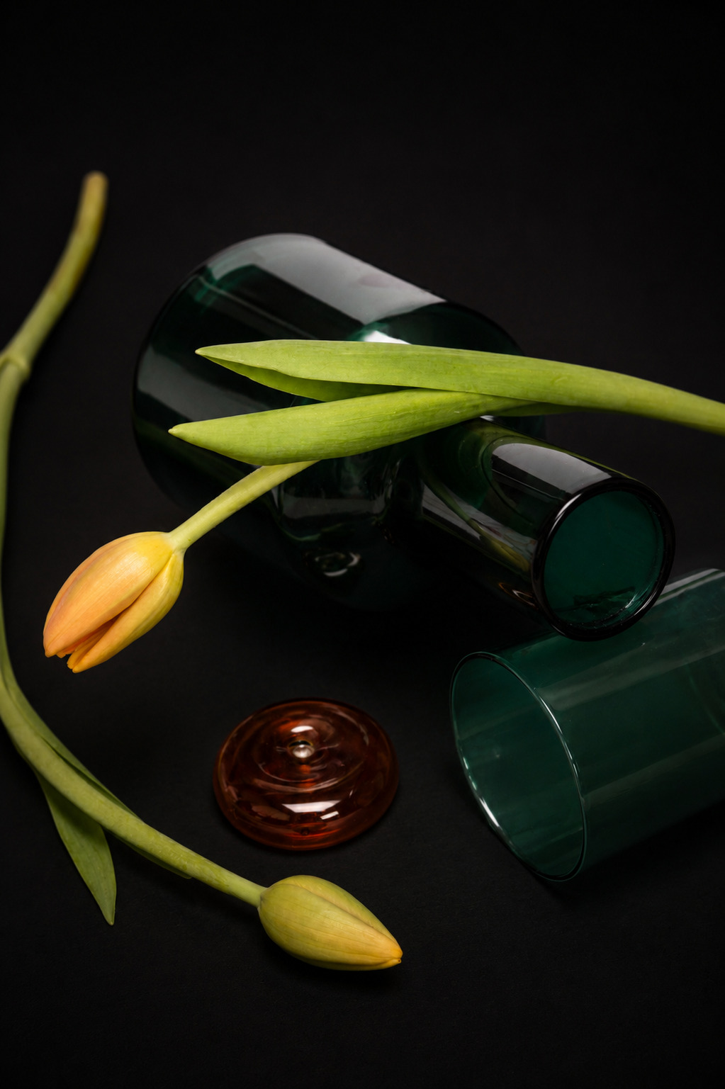 Tulip buds resting across dark green glassware